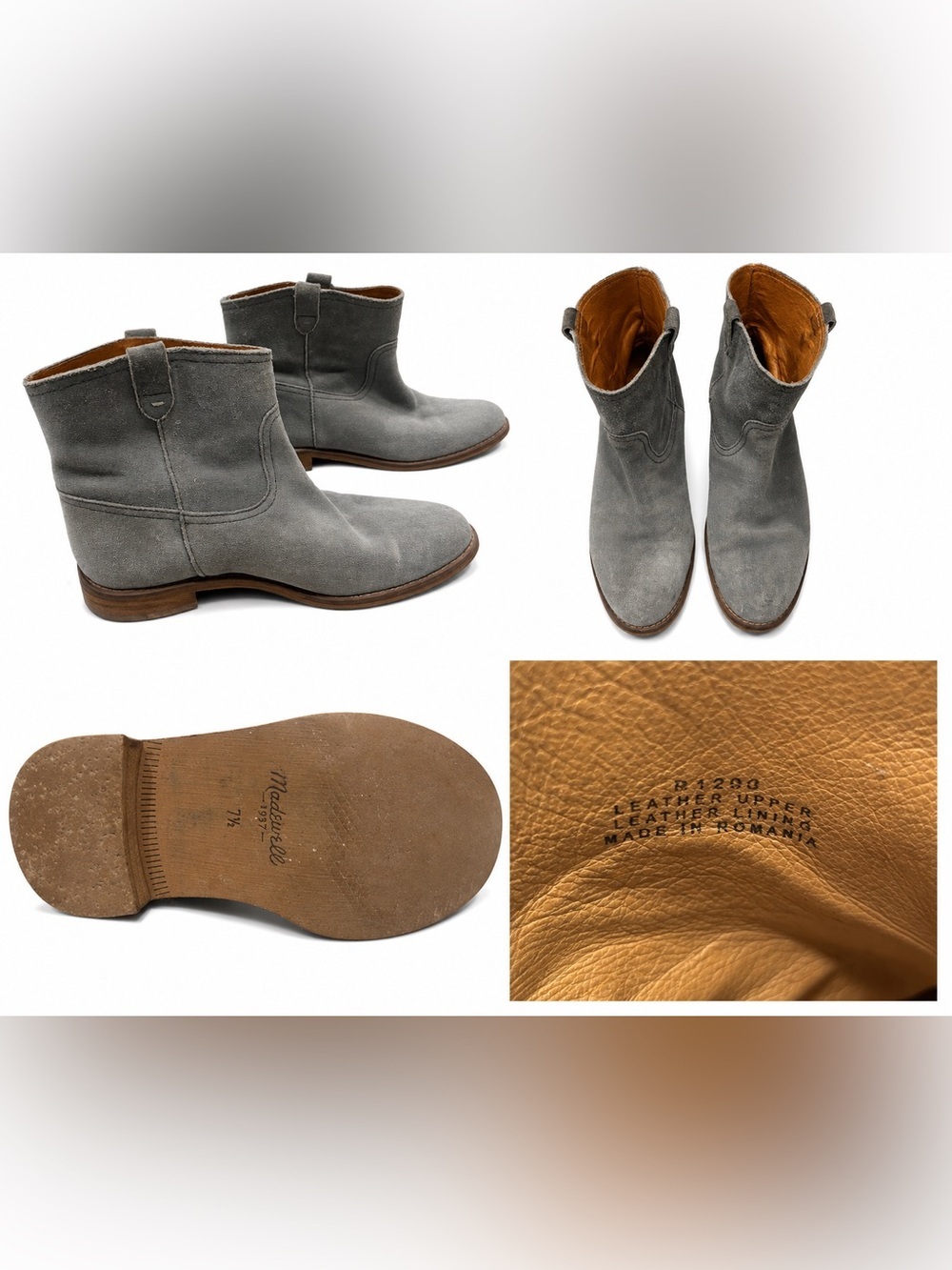 Madewell 1937 Gray Suede Ankle Boots Leather Lined Romania Size 7.5